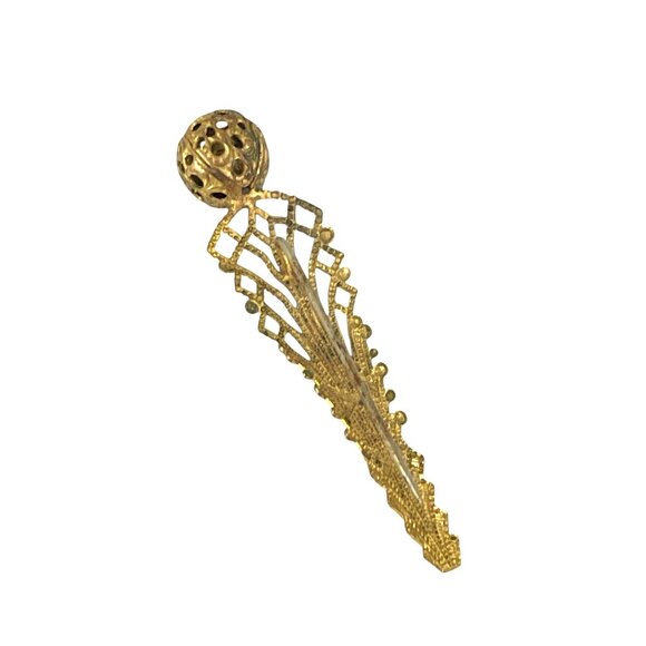 Art Deco Gold Tone Filigree Hat Pin Brooch With Ornate Design & Sphere Top - Picture 2 of 8